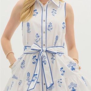 entro White Mini Dress with Blue Floral Embroidery
